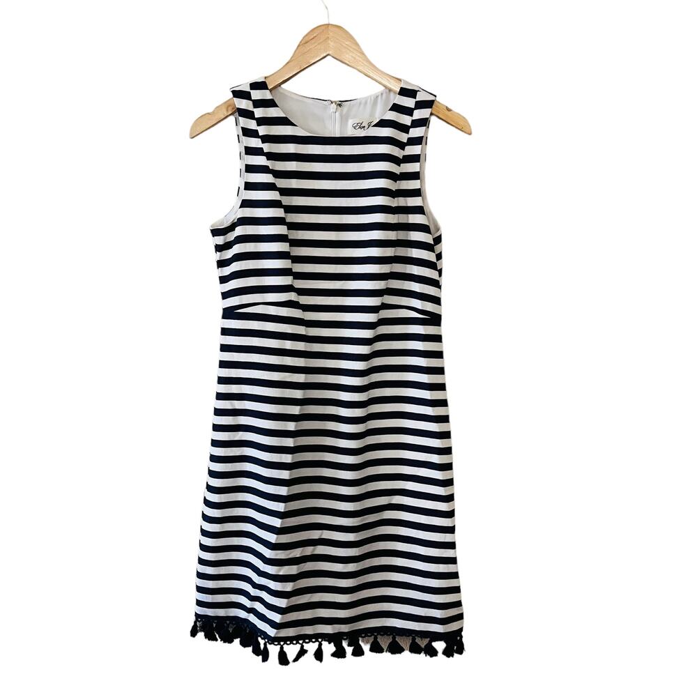 Eliza J Linen Blend Striped Tassel Hem Dress Size 6 NEW Blue White - Picture 2 of 10